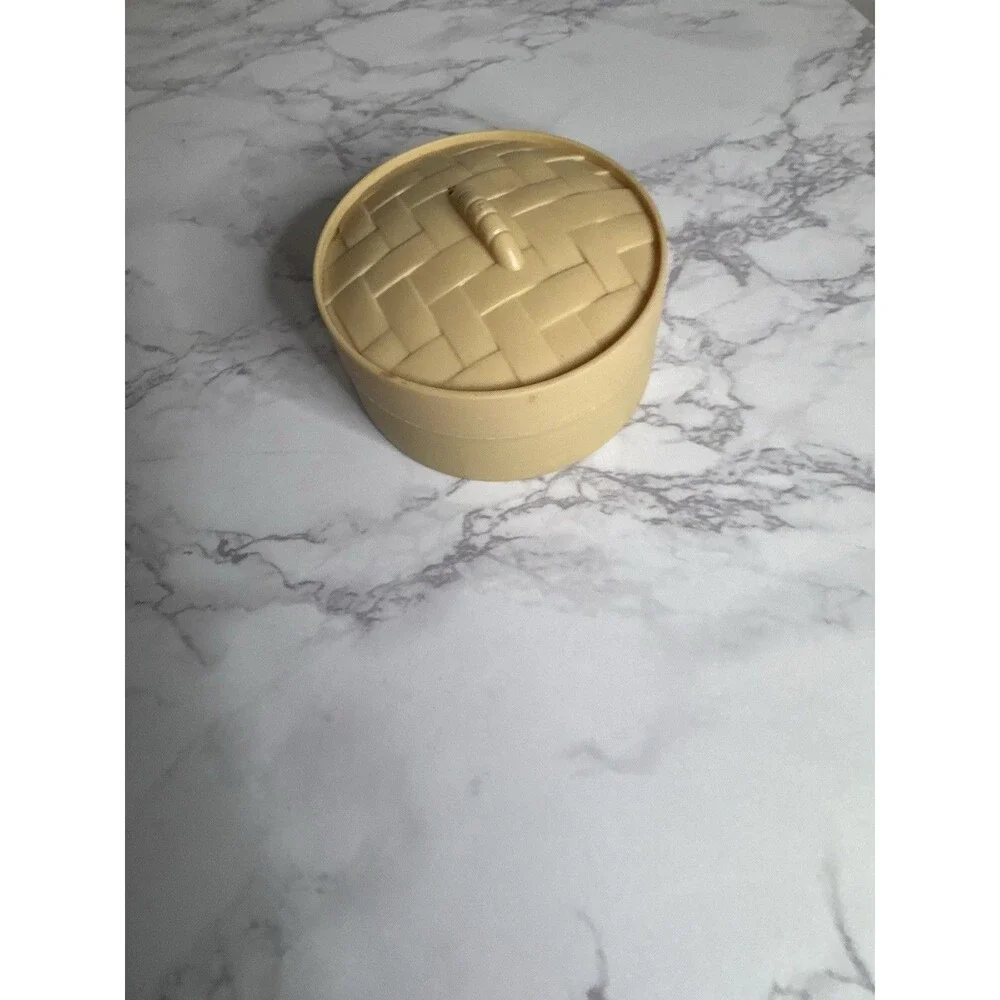 Beige Plastic Dumpling Basket with Lid, Woven Pattern, Small, 1985